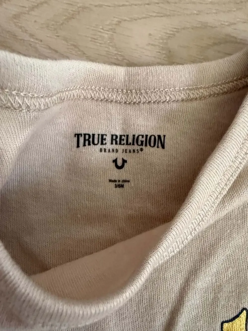 True Religion World Tour Graphic Romper Jumpsuit 3-6M Beige
